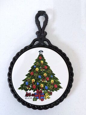 Vintage Action Ceramic Tile Cast Iron Christmas Tree Trivett Taiwan 11.25"